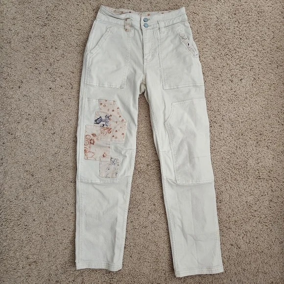 Pilcro Anthropologie Size 26 The Wanderer Jeans Patchwork Cream Pant Floral - Picture 1 of 11
